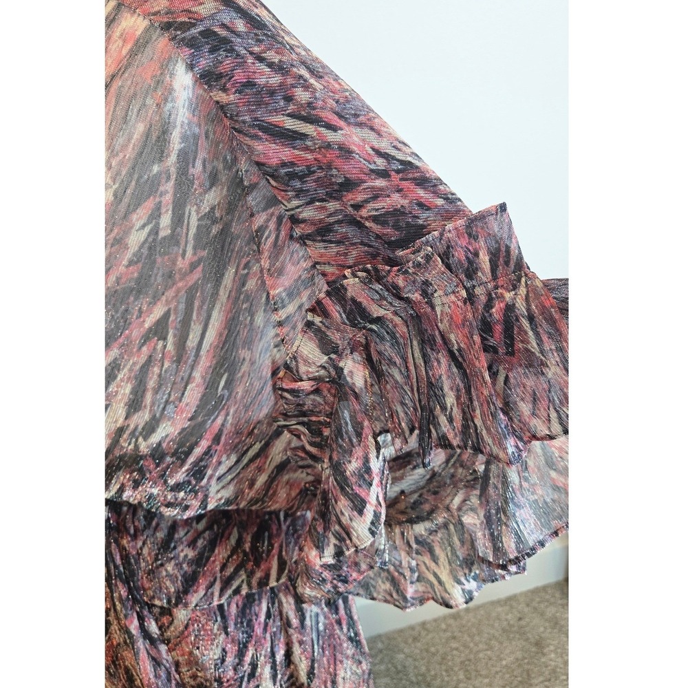 IRO Buoux Dress Metallic Ruffle Tiered Flutter Sleeve Pink Black Parisian 34 - Picture 8 of 10